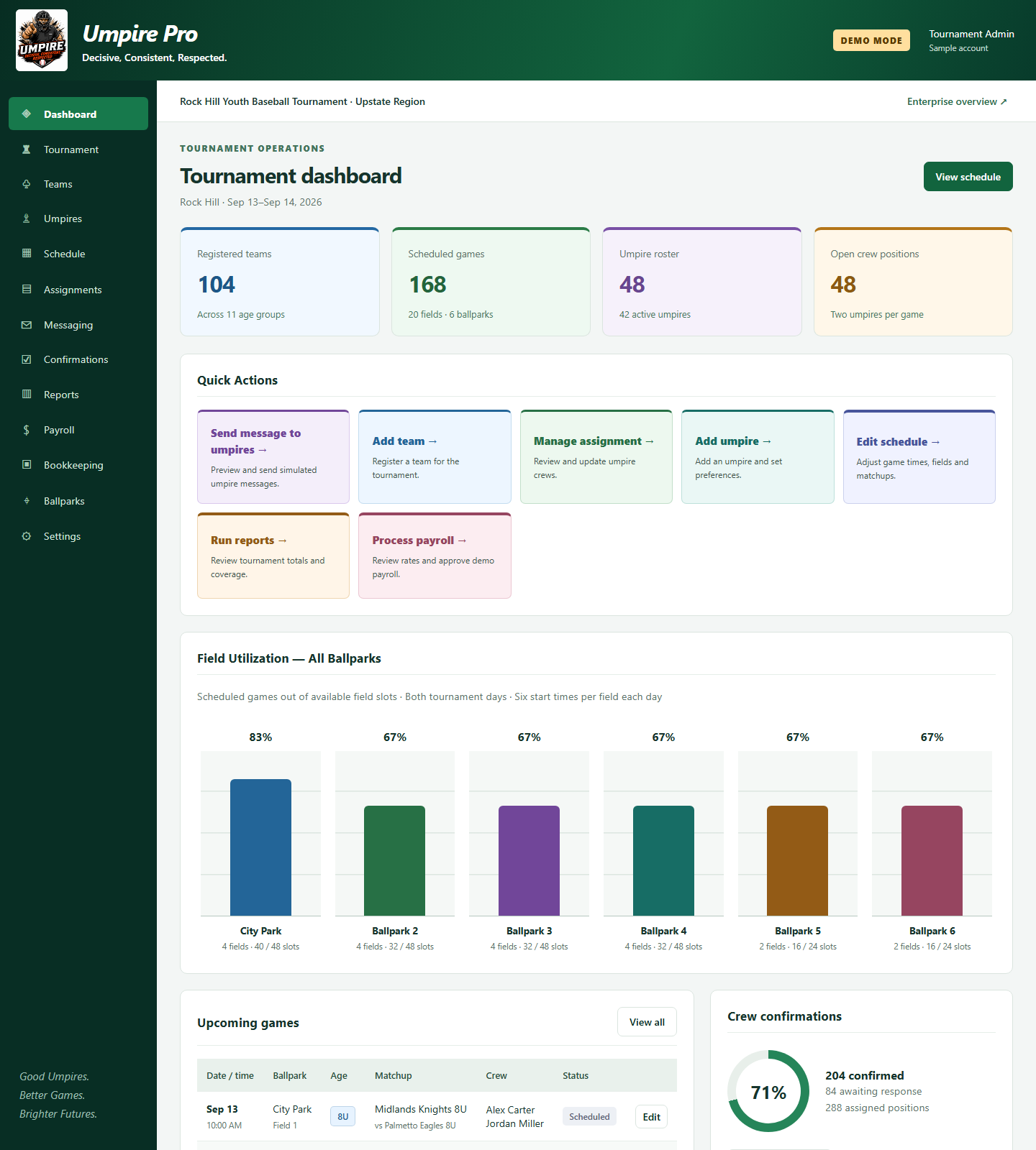 Umpire Pro tournament dashboard preview
